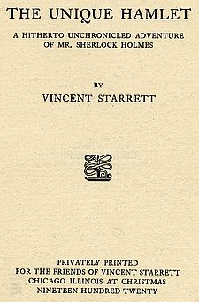 Title page of The Unique Hamlet by Vincent Starrett (1920 Starrett imprint)