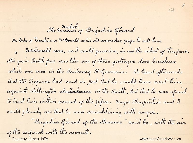 Manuscript of The Medal of Brigadier Gerard - top of first page