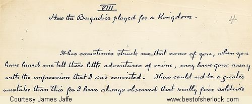 How the Brigadier Played for a Kingdom manuscript - first 4 lines
