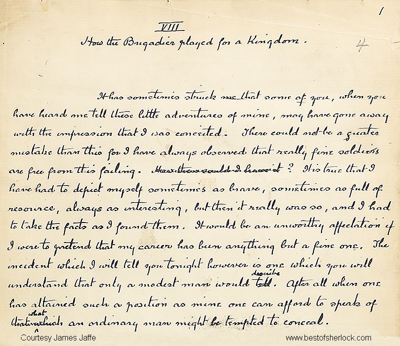 Manuscript of How the Brigadier Played for a Kingdom: Top of first page