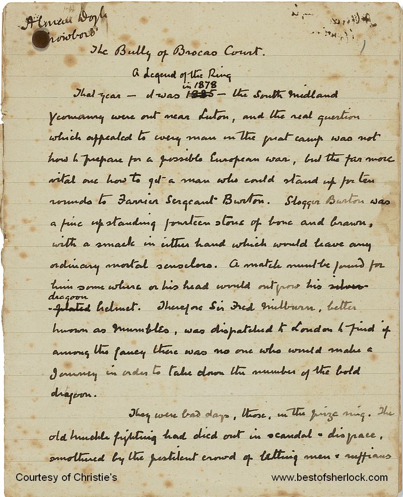 Page 1 of The Bully of Brocas Court manuscript by Conan Doyle