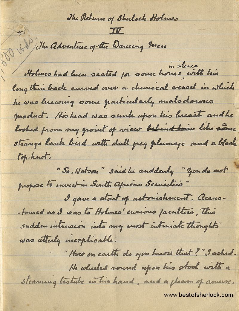 First page of The Dancing Men manuscript by Sir Arthur Conan Doyle