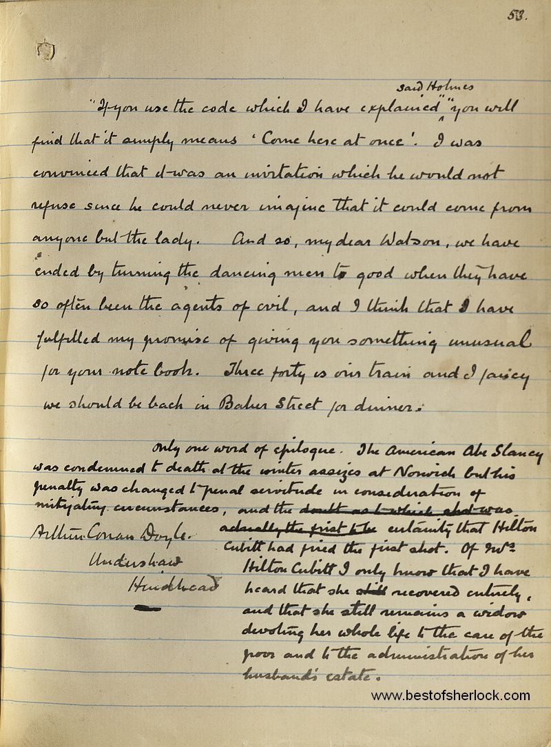Last page of The Dancing Men manuscript and Conan Doyle signature
