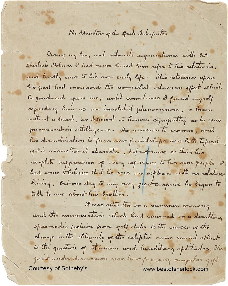 Manuscript of The Greek Interpreter - first page