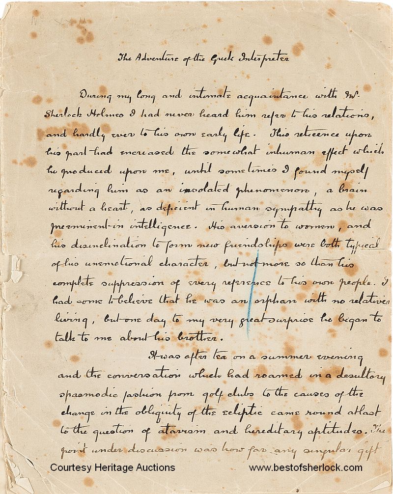 Manuscript of The Greek Interpreter - first page