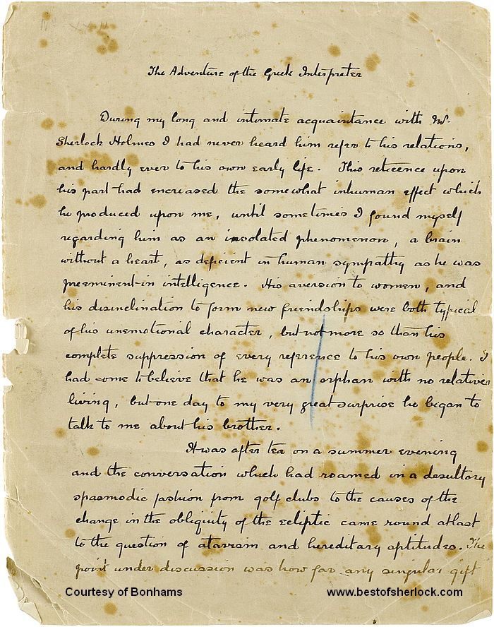 Manuscript of The Greek Interpreter - first page