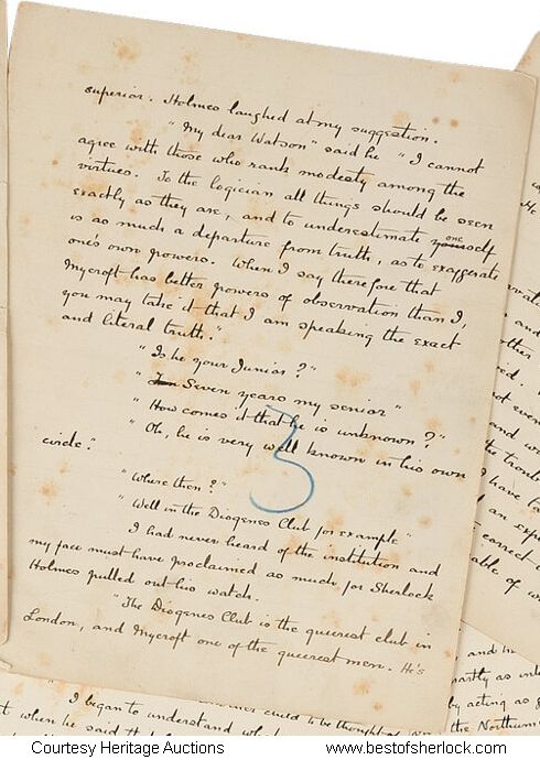Page 3 of the Greek Interpreter manuscript mentioning Mycroft Holmes and the Diogenes Club