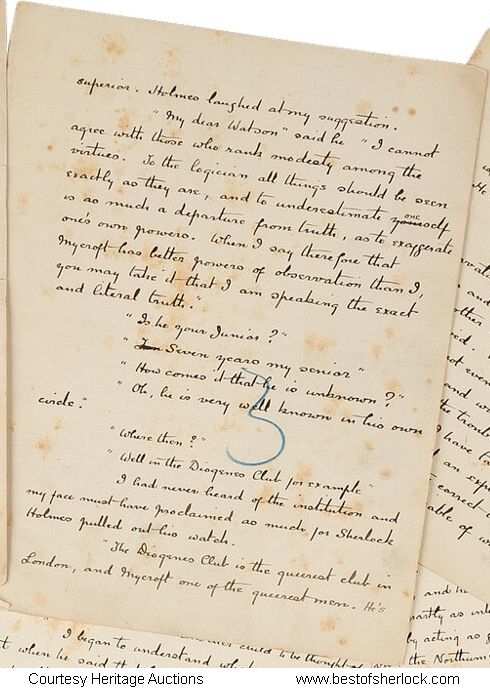 Page 3 of the Greek Interpreter manuscript mentioning Mycroft Holmes and the Diogenes Club