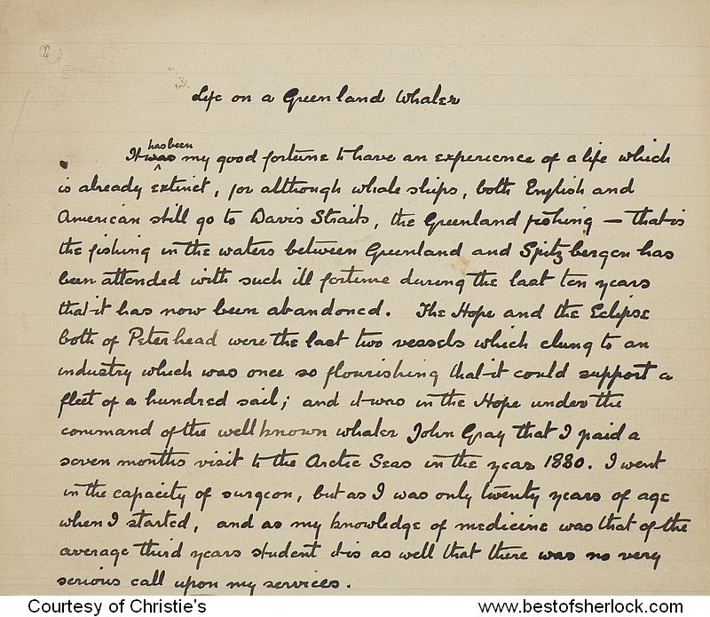 Page 1 of the Life on a Greenland Whaler manuscript by Conan Doyle