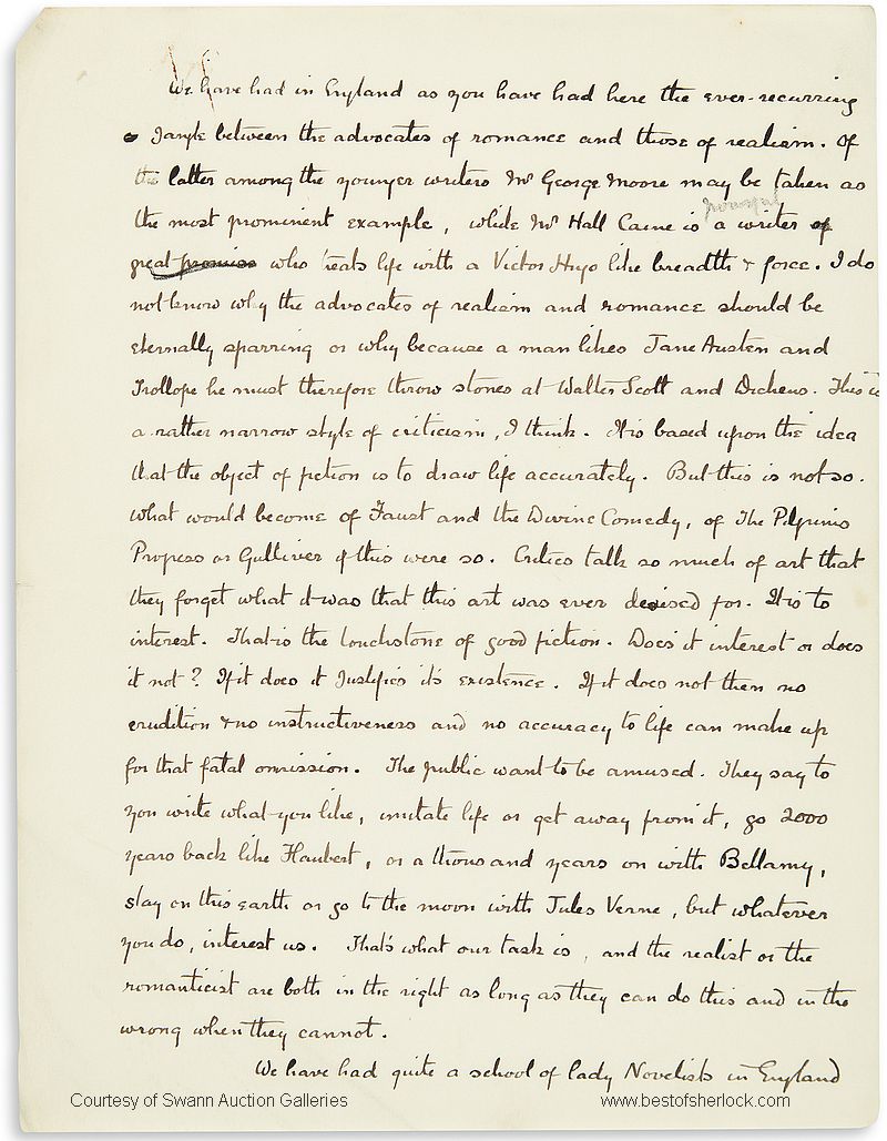 Conan Doyle 1894 American lecture tour manuscript draft