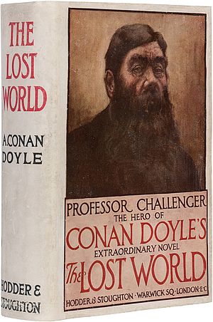 Dust jacket for 1912 first English trade edition of The Lost World by Conan Doyle