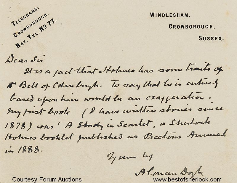 Conan Doyle postcard about Dr. Joe Bell & the origins of Sherlock Holmes
