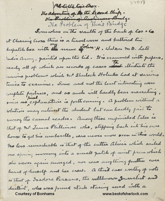 Manuscript of The Problem of Thor Bridge - first page