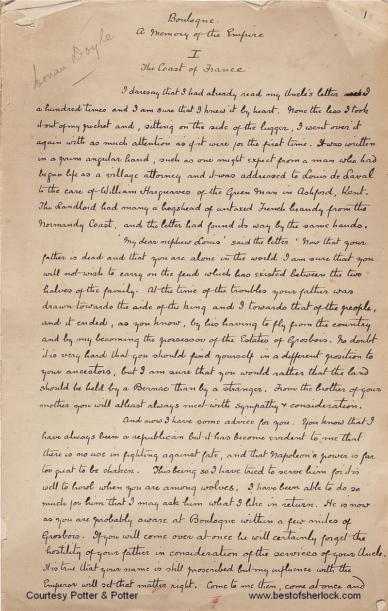 Manuscript of Uncle Bernac by Conan Doyle - first page