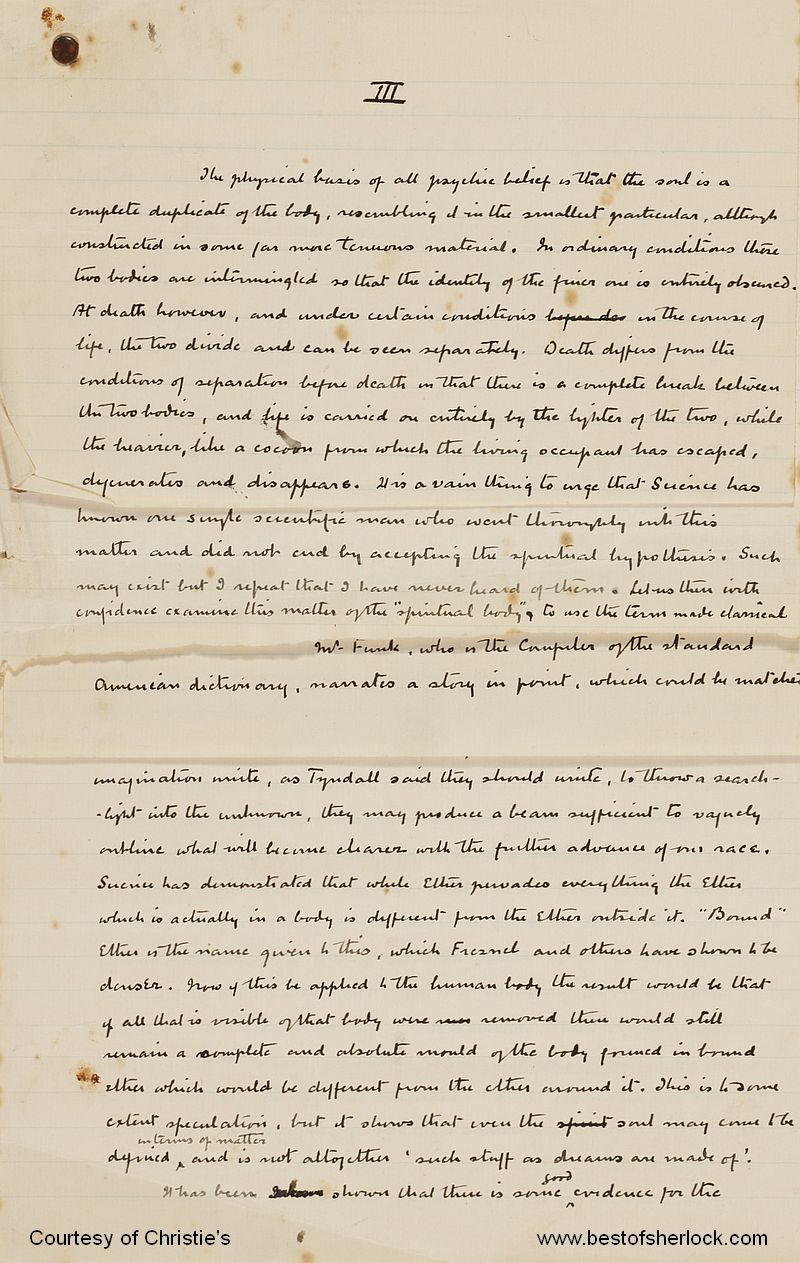 Cut-down sheets at opening of Chapter 3 of The Vital Message manuscript by Conan Doyle
