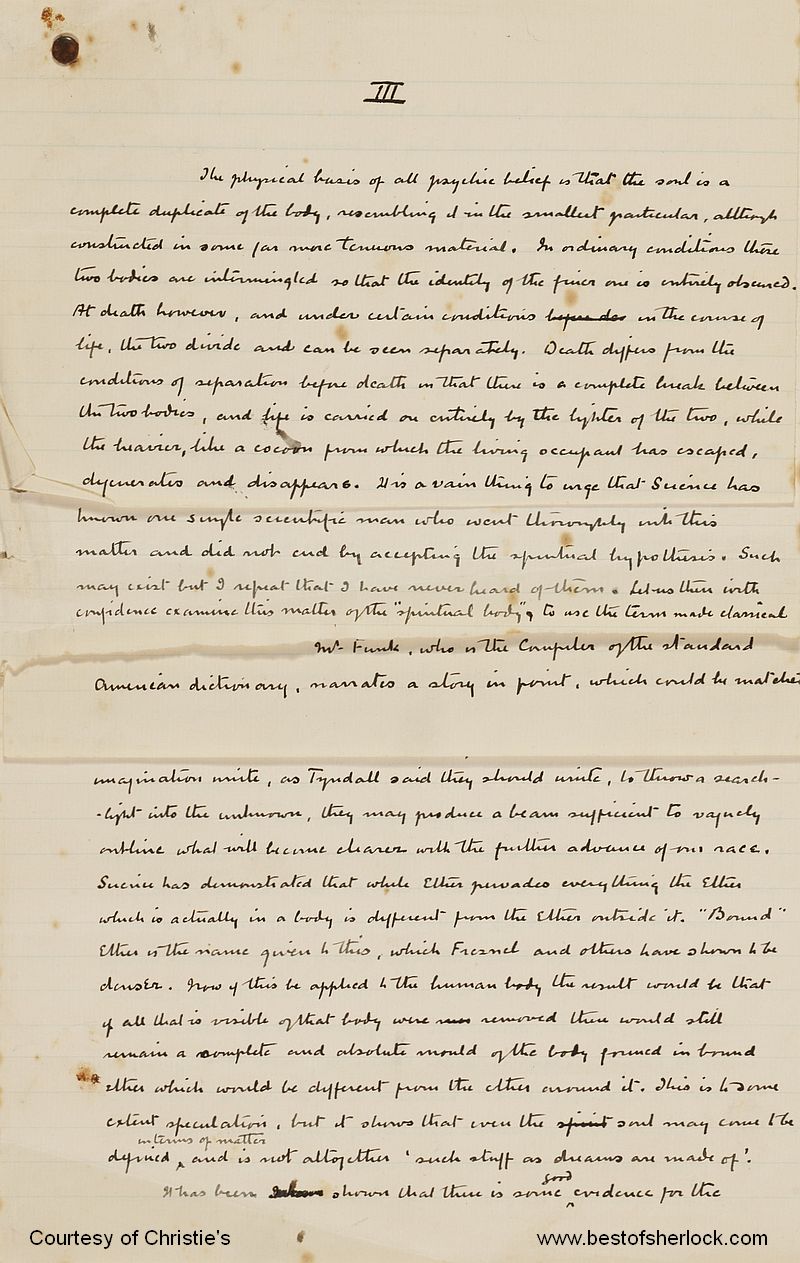 Cut-down sheets at opening of Chapter 3 of The Vital Message manuscript by Conan Doyle