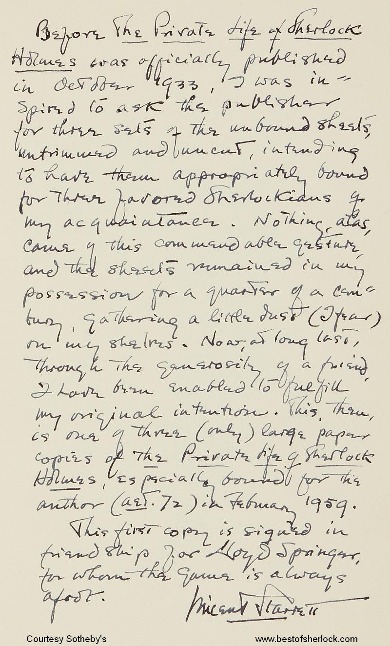 Vincent Starrett inscription on the Springer copy of the large paper The Private Life of Sherlock Holmes
