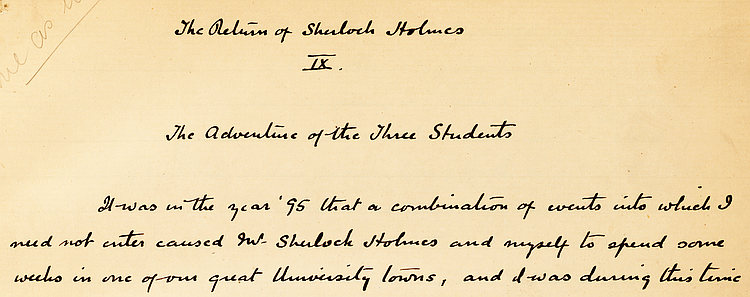 Photo from first page of the Sherlock Holmes manuscript for The Three Students