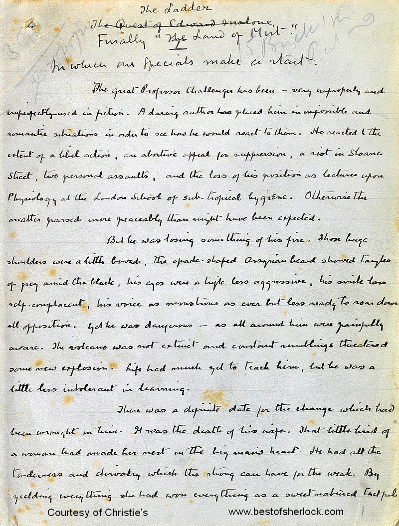 First page of Chapter 1 of The Land of Mist manuscript by Sir Arthur Conan Doyle