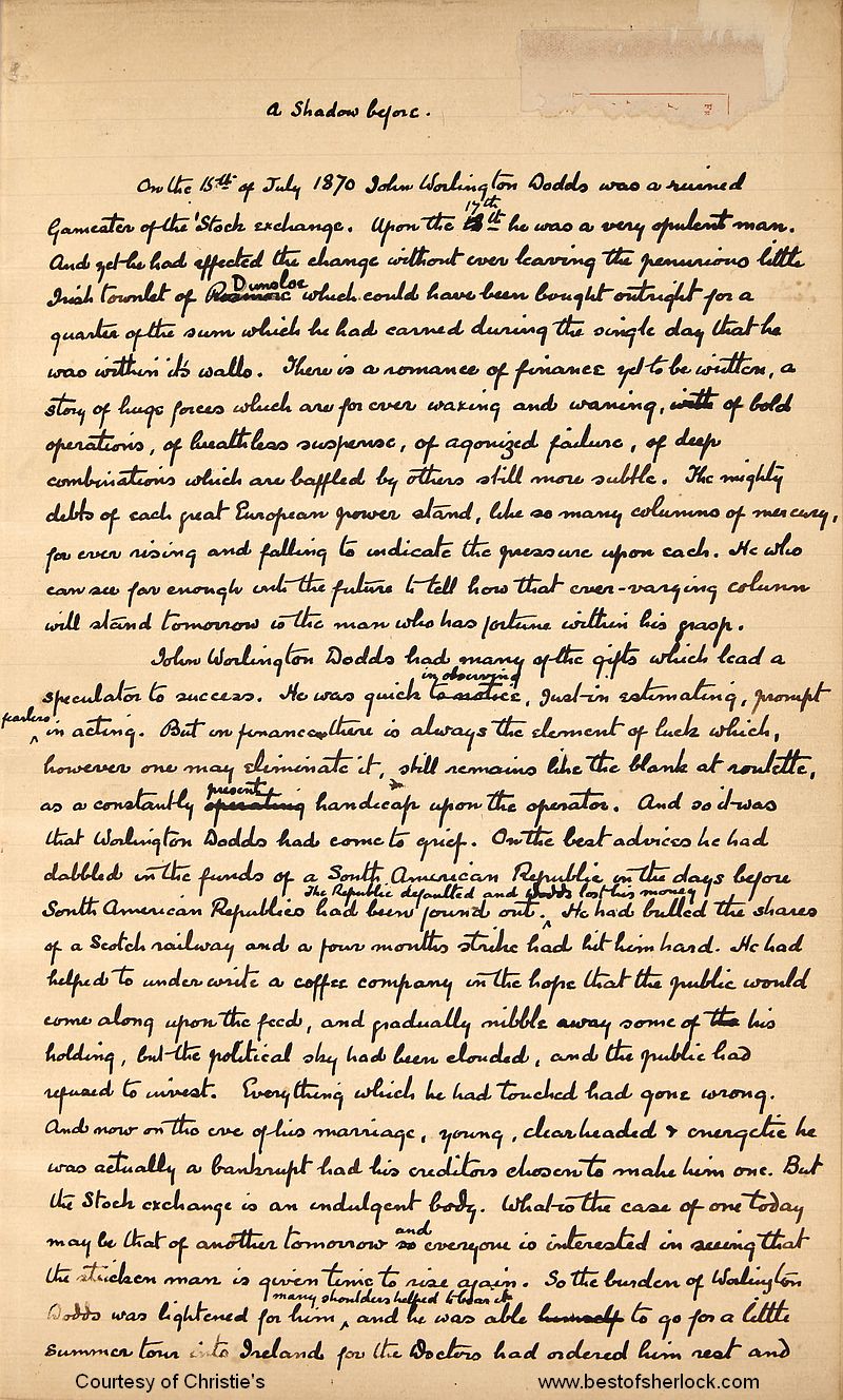 First page of A Shadow Before manuscript by Sir Arthur Conan Doyle