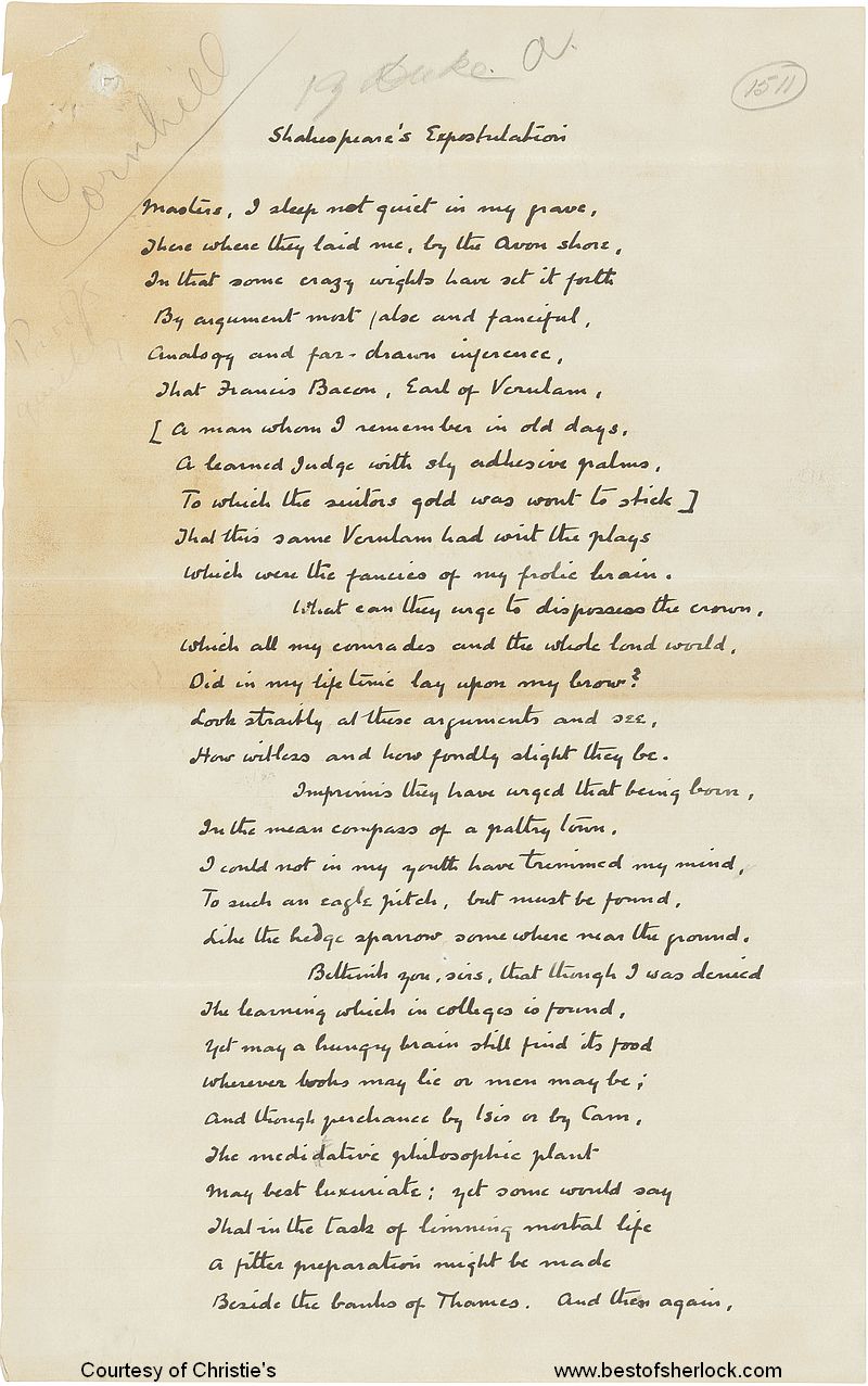 First page of Shakespeare's Expostulation manuscript by Sir Arthur Conan Doyle