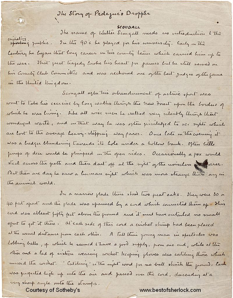 First page of The Story of Spedegue's Dropper manuscript by Sir Arthur Conan Doyle