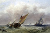 Painting of Dutch fishing boats and other shipping off the coast by Sidney Paget