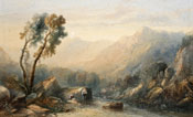 Painting of Figures by a river with mountains beyond by Sidney Paget
