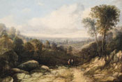 Painting of Figures on a track in an extensive wooded landscape by Sidney Paget