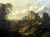 Painting of Figures on an upland track before a ruined castle by Sidney Paget