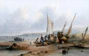Painting of Fisher folk by beached boats by Sidney Paget