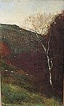 Painting of sheep on a hillside by a silver birch tree by Sidney Paget