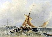 Painting of Stormy seascapes with sailing vessels in a heavy swell by Sidney Paget