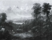 Painting of Travellers in an extensive river valley landscape by Sidney Paget