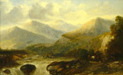 Painting of Travellers with a horse in a mountainous river landscape by Sidney Paget