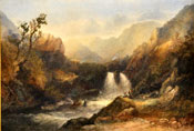 Painting of Two figures on a rock beside a waterfall in a glen by Sidney Paget