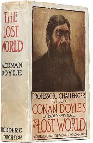 Dust jacket for 1912 first English trade edition of The Lost World by Conan Doyle