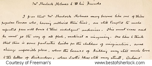 Mr. Sherlock Holmes to His Friends - photo of top of original manuscript